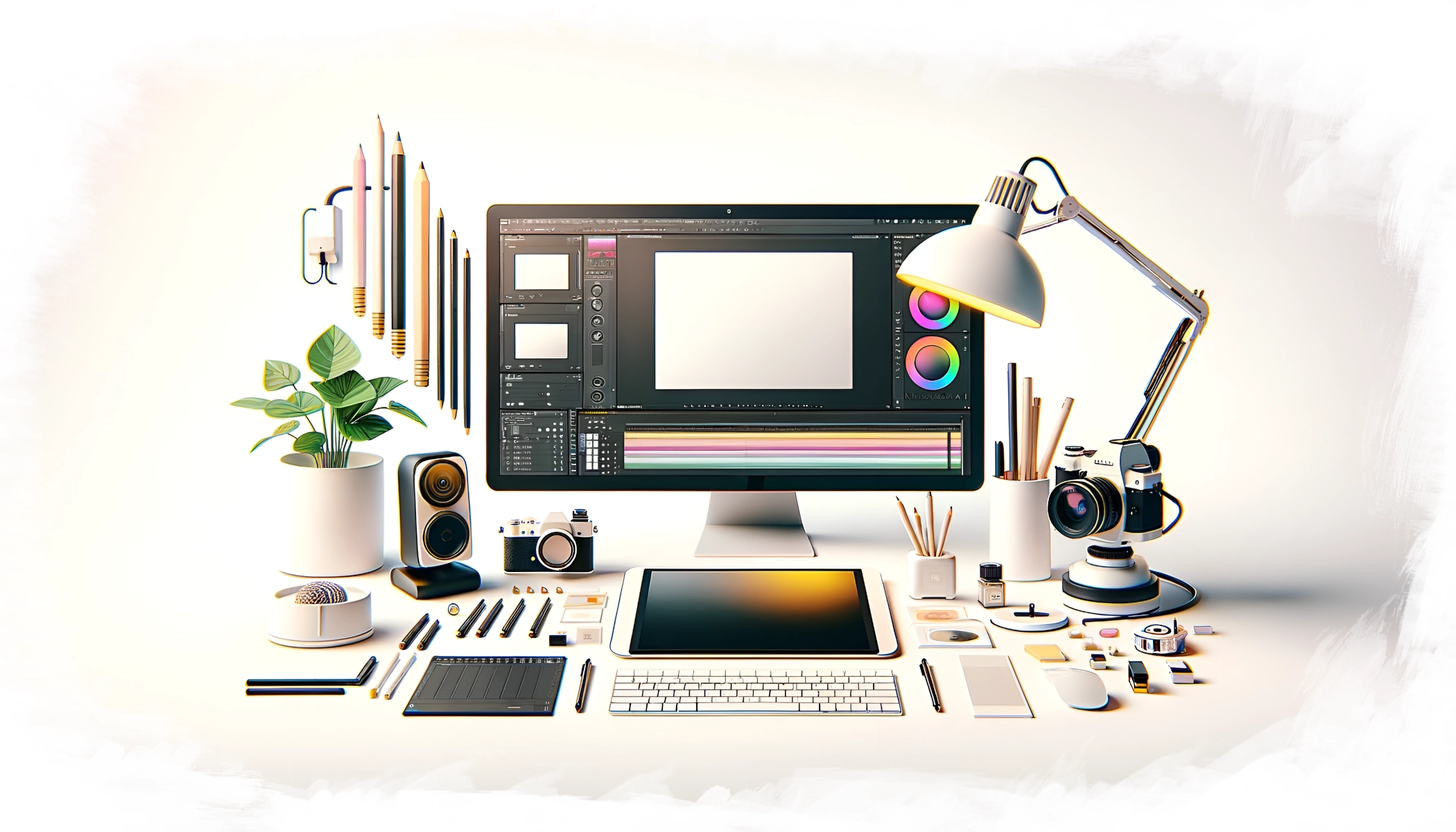 Illustration of a desk setup with a screen showing a video editing software